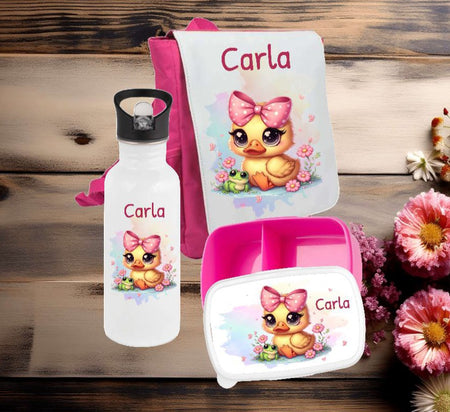 Brotdose Trinkflasche und Rucksack personalisiert Küken Ente Kinder Set Edelstahl Flasche Kita Set Kindergarten Kinderrucksack Mädchen - CreativMade