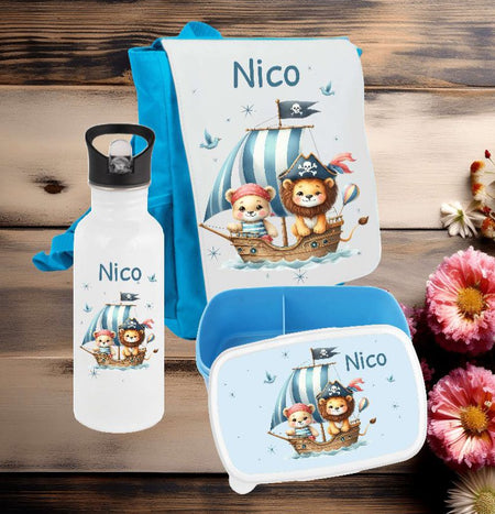 Brotdose Trinkflasche und Rucksack personalisiert Pirat Schiff Kinder Set Edelstahl Flasche Kita Set Kindergarten Kinderrucksack - CreativMade