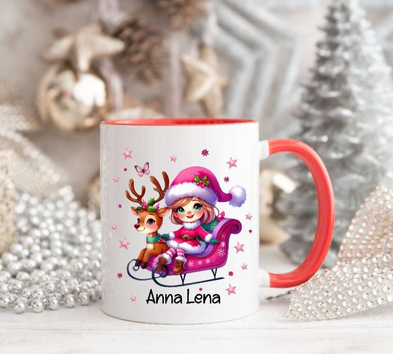 Weihnachtstasse Rentier Schlitten Tasse Weihnachten personalisiert Kindertasse Mädchen Nikolaus Geschenk - CreativMade 