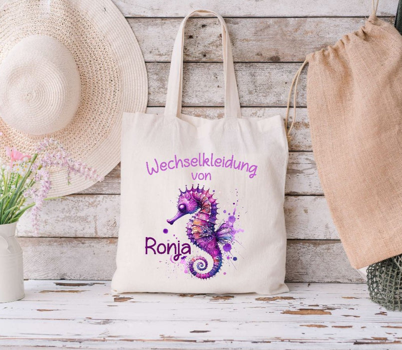 Wechselkleidung Kita Seepferdchen Tasche personalisiert mit Name Mädchen Kindergarten Wechselwäsche Wechselsachen Beutel - CreativMade 