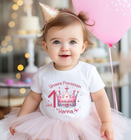 Geburtstagshirt personalisiert Prinzessin Krone erster Geburtstag Kinder T-Shirt Mädchen Geburtstag - CreativMade 