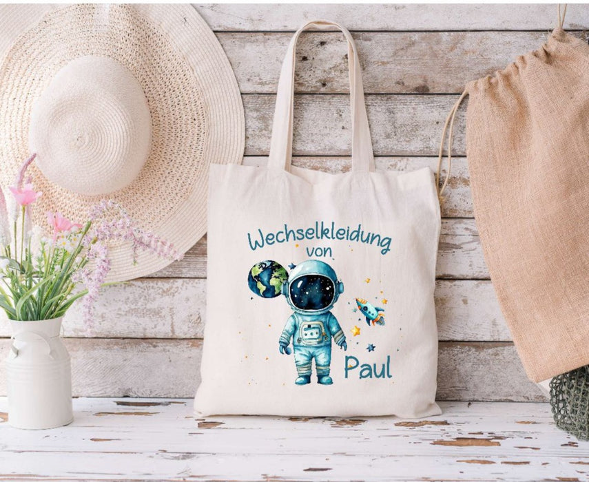 Wechselkleidung Kita Astronaut Tasche personalisiert mit Name Junge Kindergarten Wechselwäsche Wechselsachen Beutel - CreativMade 