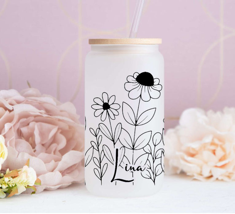 Eiskaffeeglas personalisiert Blumen Trinkglas mit Deckel Strohhalm Tasse Glas Geschenk - CreativMade 