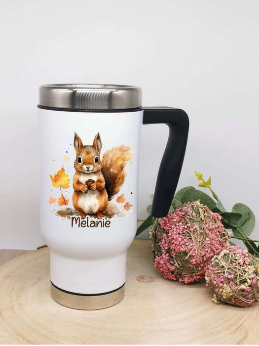 Thermobecher personalisiert Eichhörnchen Cup Becher mit Namen Edelstahl mit Griff Geschenk Kaffeebecher Auto Reisebecher isoliert