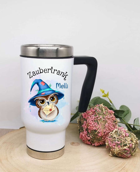 Thermobecher personalisiert Eule Zaubertrank Cup Becher mit Namen Edelstahl mit Griff Geschenk Kaffeebecher Auto Reisebecher isoliert - CreativMade 