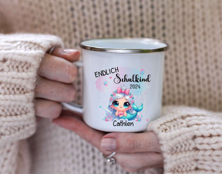Schulkind Tasse Meerjungfrau mit Name personalisiert Mädchen Einschulung endlich Schulkind Schulanfang Keramik oder Emaille - CreativMade 