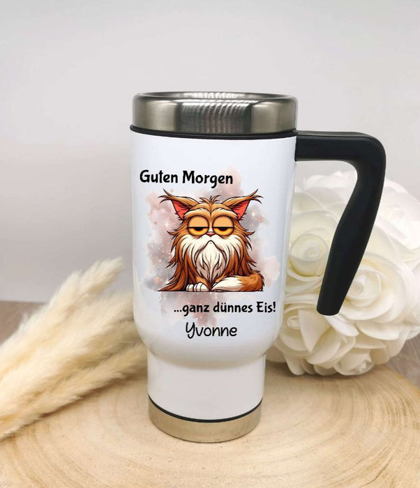 Thermobecher personalisiert Guten Morgen Lustig Witzig Cup Becher mit Namen Edelstahl mit Griff Geschenk Kaffeebecher Auto Reisebecher isoliert