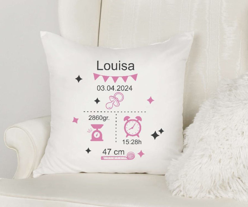 Personalisiertes Kissen mit Geburtsdaten Mädchen Datum Gewicht Geschenk Geburt Taufe Kinderkissen Kissenhülle Kissenbezug mit Reißverschluss 40x40cm - CreativMade