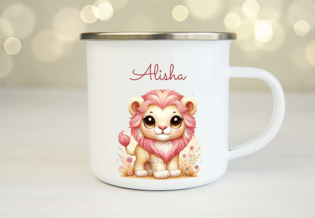 Personalisierte Tasse Löwe Kindertasse mit Name Mädchen Emaille Keramik Namenstasse - CreativMade