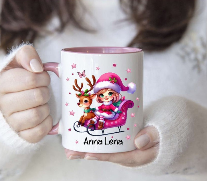 Weihnachtstasse Rentier Schlitten Tasse Weihnachten personalisiert Kindertasse Mädchen Nikolaus Geschenk - CreativMade 