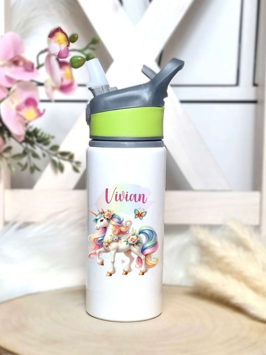 Personalisierte Trinkflasche mit Namen und Strohhalm Einhorn Wasserflasche aufklappbares Mundstück - CreativMade