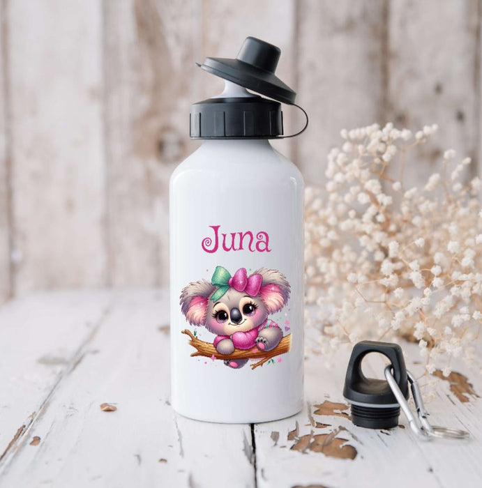 Trinkflasche Kinder Koala mit Name Mädchen Sportflasche Schule Karabiner Aluminium - CreativMade 