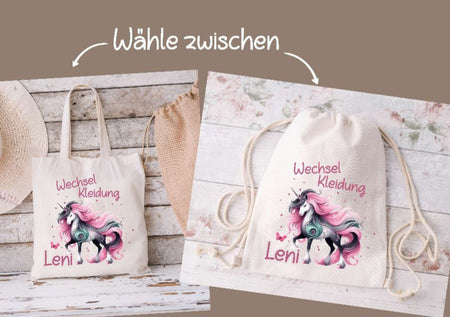 Wechselkleidung Kita Einhorn Tasche personalisiert mit Name Mädchen Kindergarten Wechselwäsche Wechselsachen Beutel - CreativMade 