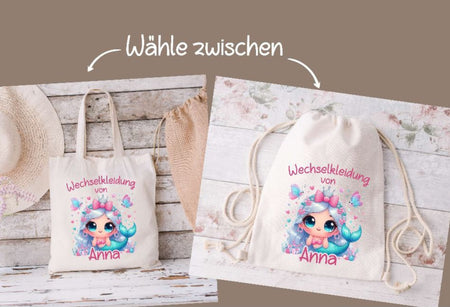 Wechselkleidung Kita Meerjungfrau Tasche personalisiert mit Name Mädchen Kindergarten Wechselwäsche Wechselsachen Beutel - CreativMade 