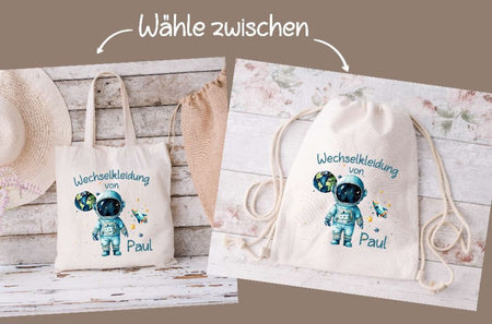 Wechselkleidung Kita Astronaut Tasche personalisiert mit Name Junge Kindergarten Wechselwäsche Wechselsachen Beutel - CreativMade 