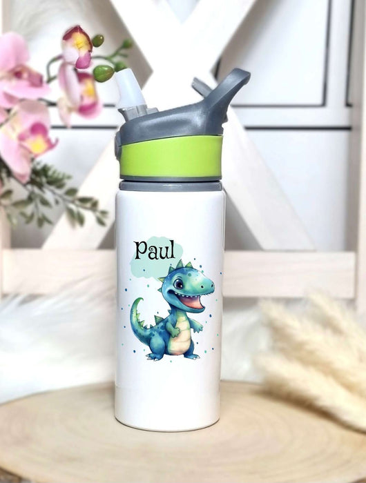 Personalisierte Trinkflasche mit Namen und Strohhalm Jungen Dinosaurierer Wasserflasche aufklappbares Mundstück - CreativMade