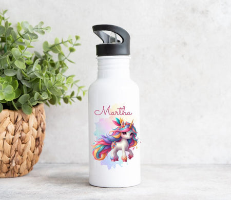 Personalisierte Trinkflasche Einhorn Kinder Edelstahl mit Name mit Strohhalm Mädchen Geschenk Einschulung Geburtstag - CreativMade 