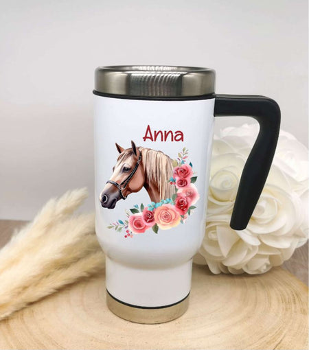 Thermobecher personalisiert Pferd Cup Becher mit Namen Edelstahl mit Griff Geschenk Kaffeebecher Auto Reisebecher isoliert - CreativMade 