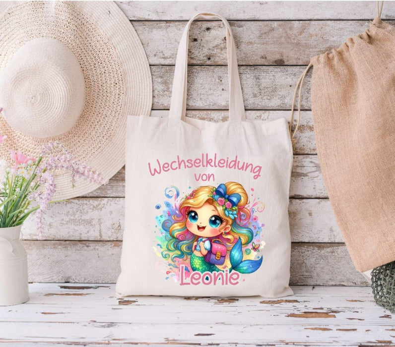Wechselkleidung Kita Meerjungfrau Tasche personalisiert mit Name Mädchen Kindergarten Wechselwäsche Wechselsachen Beutel - CreativMade 