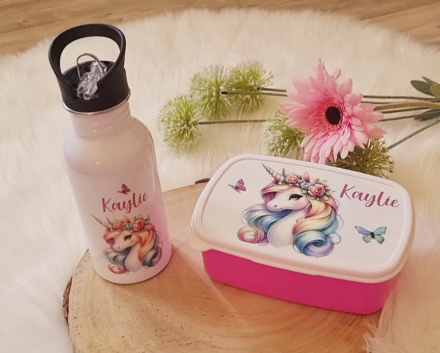 Set Brotdose und Trinkflasche personalisiert mit Namen Einhorn Edelstahl 500ml Lunchbox Mädchen - CreativMade
