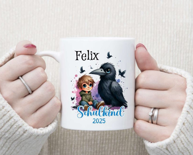 Schulkind Tasse personalisiert Jungen Rabe Einschulungstasse mit Namen Geschenk Einschulung Erstklässler - CreativMade