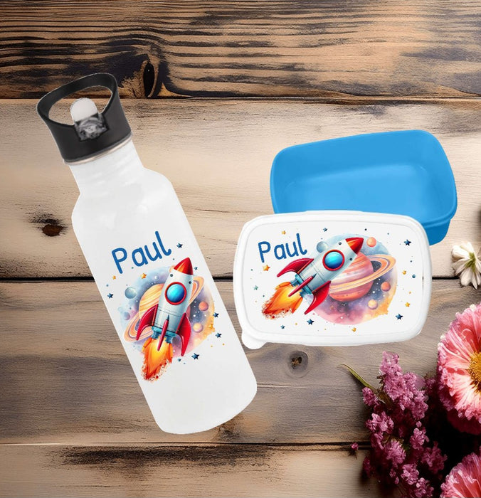 Set Brotdose und Trinkflasche personalisiert mit Namen Rakete Edelstahl 500ml Lunchbox Jungen - CreativMade