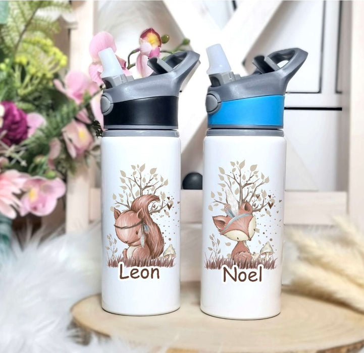 Personalisierte Trinkflasche mit Namen und Strohhalm Eule Waldtiere Wasserflasche aufklappbares Mundstück - CreativMade