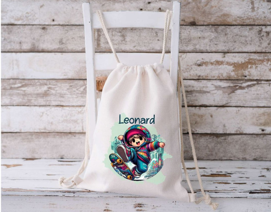 Kinder Turnbeutel Skater personalisiert mit Name Junge Sportbeutel Zugbandbeutel - CreativMade 