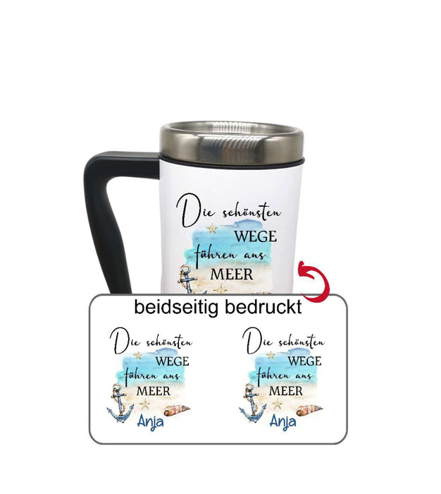 Thermobecher personalisiert Maritim Meer Cup Becher mit Namen Edelstahl mit Griff Geschenk Kaffeebecher Auto Reisebecher isoliert