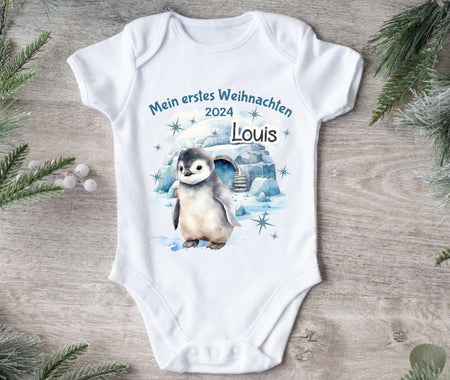 Mein erstes Weihnachten Baby Outfit Body Pinguin Junge Babybody Langarm oder Kurzarm - CreativMade 