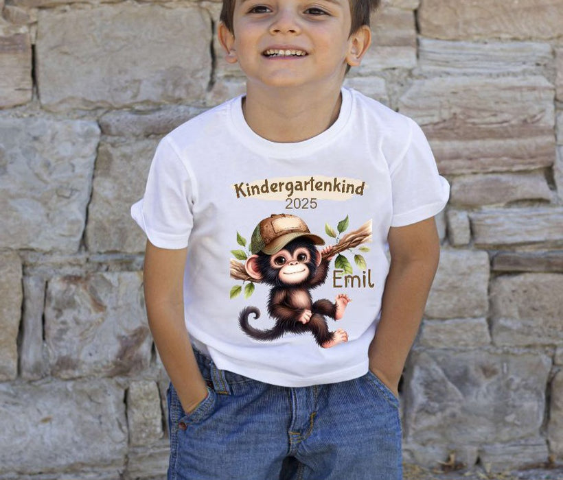 Kindergartenkind T-Shirt mit Name Affe personalisiert Kita Kind Jungen Kindergarten Start Outfit - CreativMade