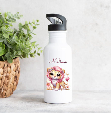 Personalisierte Trinkflasche Löwe Kinder Edelstahl mit Name mit Strohhalm Mädchen Geschenk Einschulung Geburtstag - CreativMade 