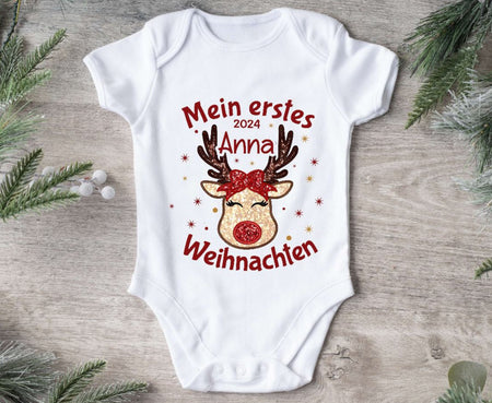 Mein erstes Weihnachten Baby Outfit Body Rentier Elch Mädchen Babybody Langarm oder Kurzarm - CreativMade 