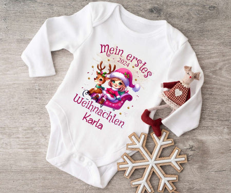 Mein erstes Weihnachten Baby Outfit Body Rentier Schlitten Mädchen Babybody Langarm oder Kurzarm - CreativMade 