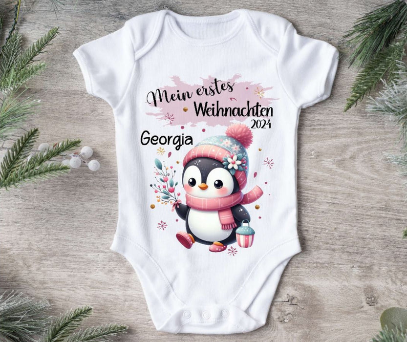 Mein erstes Weihnachten Baby Outfit Body Pinguin Mädchen Babybody Langarm oder Kurzarm - CreativMade 