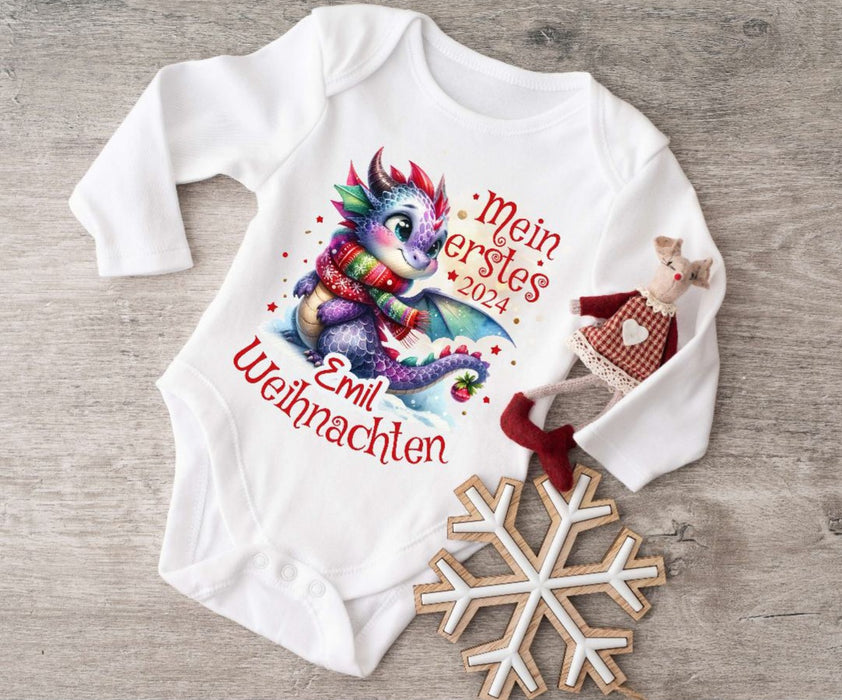 Mein erstes Weihnachten Baby Outfit Body Rentier Drache Junge Babybody Langarm oder Kurzarm - CreativMade 