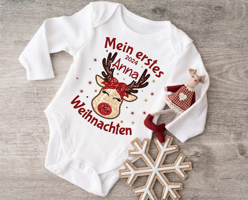 Mein erstes Weihnachten Baby Outfit Body Rentier Elch Mädchen Babybody Langarm oder Kurzarm - CreativMade 