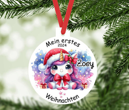 Mein erstes Weihnachten personalisiert Mädchen Einhorn Weihnachtsbaum Anhänger mit Name Weihnachtsanhänger Christbaumschmuck Baby Ornament - CreativMade 