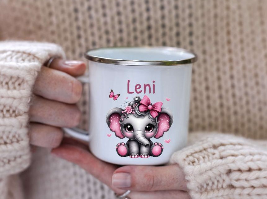 Personalisierte Tasse Elefant Kindertasse mit Name Mädchen Emaille Keramik Namenstasse - CreativMade