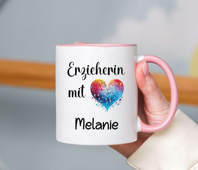 Tasse personalisiert Erzieherin mit Herz mit Name Abschiedsgeschenk Erzieherin Kita Kindergartenzeit - CreativMade 