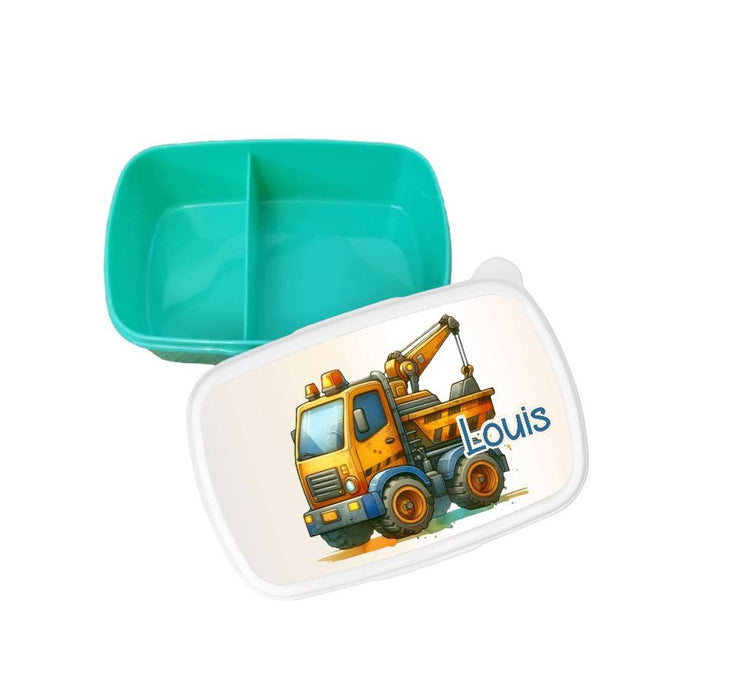 Brotdose Kranwagen Kinder personalisiert mit Name Junge Lunchbox Einschulung Vesperbox Trennfach Kindergarten - CreativMade 