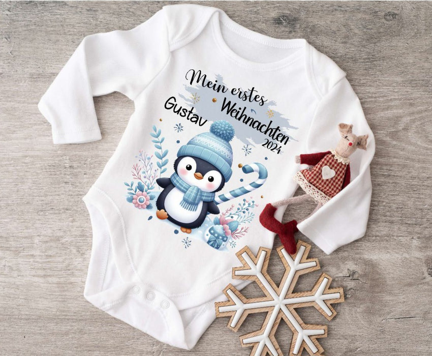 Mein erstes Weihnachten Baby Outfit Body Pinguin Junge Babybody Langarm oder Kurzarm - CreativMade 