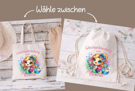 Wechselkleidung Kita Meerjungfrau Tasche personalisiert mit Name Mädchen Kindergarten Wechselwäsche Wechselsachen Beutel - CreativMade 