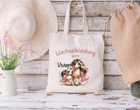 Wechselkleidung Kita Pferd Tasche personalisiert mit Name Mädchen Kindergarten Wechselwäsche Wechselsachen Beutel - CreativMade 