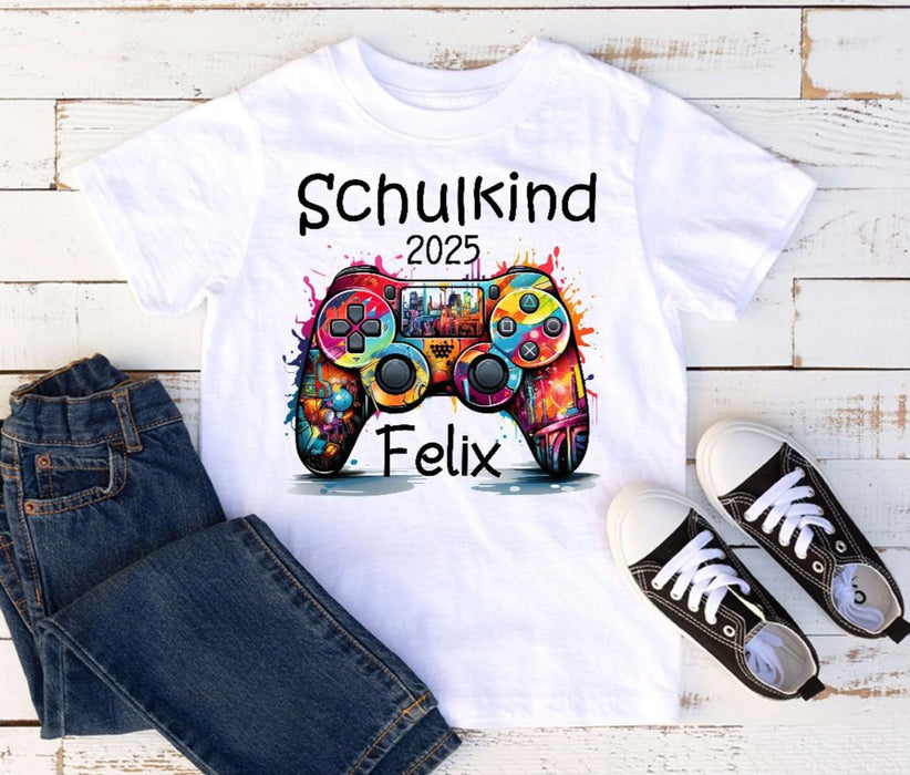Schulkind T-Shirt mit Name personalisiert Junge Controller Einschulungsshirt Einschulung erste Klasse Geschenk - CreativMade