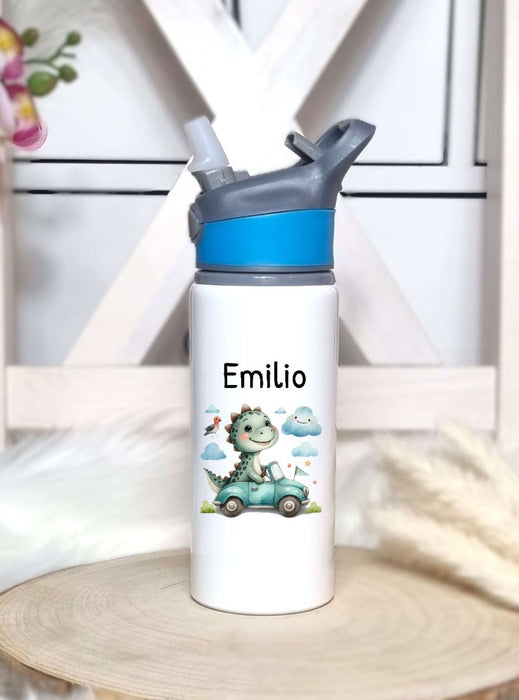 Personalisierte Trinkflasche mit Namen und Strohhalm Jungen Dinosaurierer Wasserflasche aufklappbares Mundstück - CreativMade