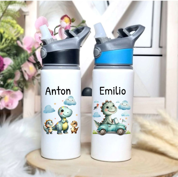Personalisierte Trinkflasche mit Namen und Strohhalm Jungen Dinosaurierer Wasserflasche aufklappbares Mundstück - CreativMade
