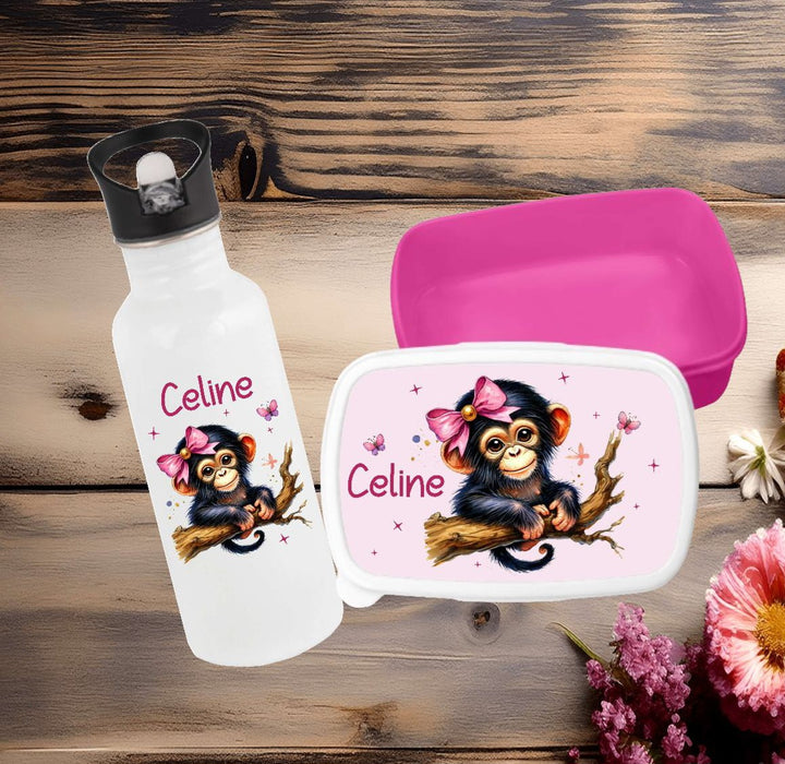 Set Brotdose und Trinkflasche personalisiert mit Namen Affe Edelstahl 500ml Lunchbox Mädchen - CreativMade
