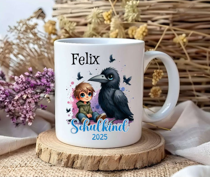 Schulkind Tasse personalisiert Jungen Rabe Einschulungstasse mit Namen Geschenk Einschulung Erstklässler - CreativMade