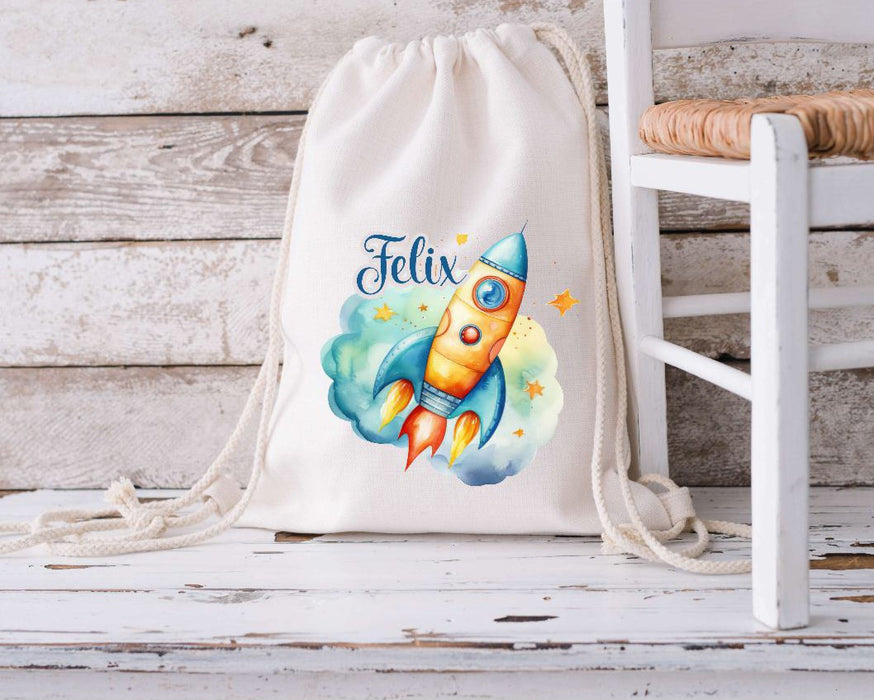 Kinder Turnbeutel Rakete personalisiert mit Name Junge Sportbeutel Zugbandbeutel - CreativMade 